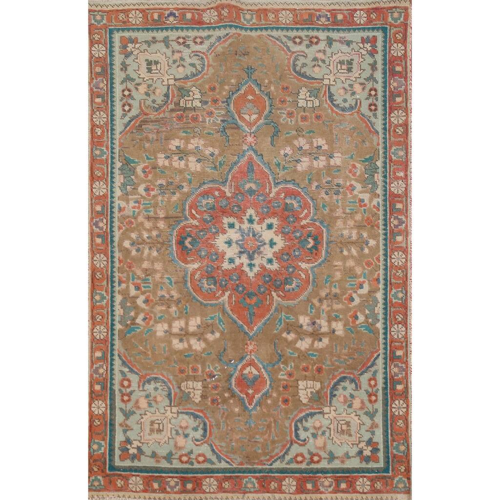 Hand Knotted Oriental 100% Wool Carpet Traditional Medallion Brown Tabriz Area Rug - 4' 9'' X 3' 0''