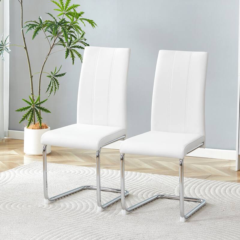 2-Pack PU Upholstered Dining Chairs - Modern High-Back Side Chairs with Sturdy Chrome-Plated Iron Tube Legs for Dining Room - White