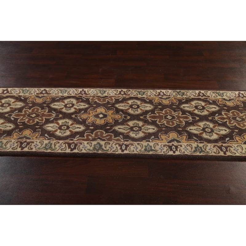 Floral Brown Traditional Oriental Runner Rug Hand-tufted Wool Carpet - 2'7" x 19'3"