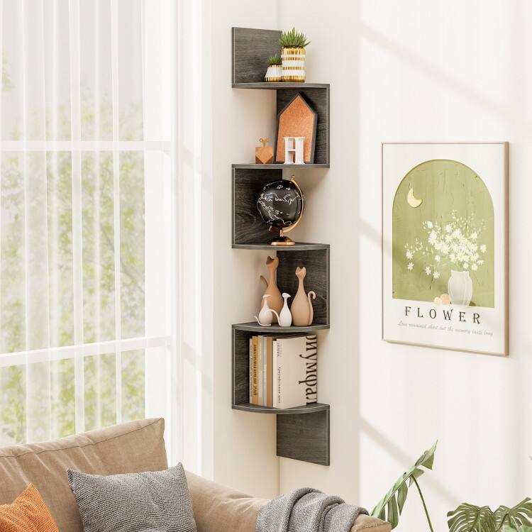 5-Tier Wall Mounted Floating Corner Shelf Engineered Wood Storage Organizer