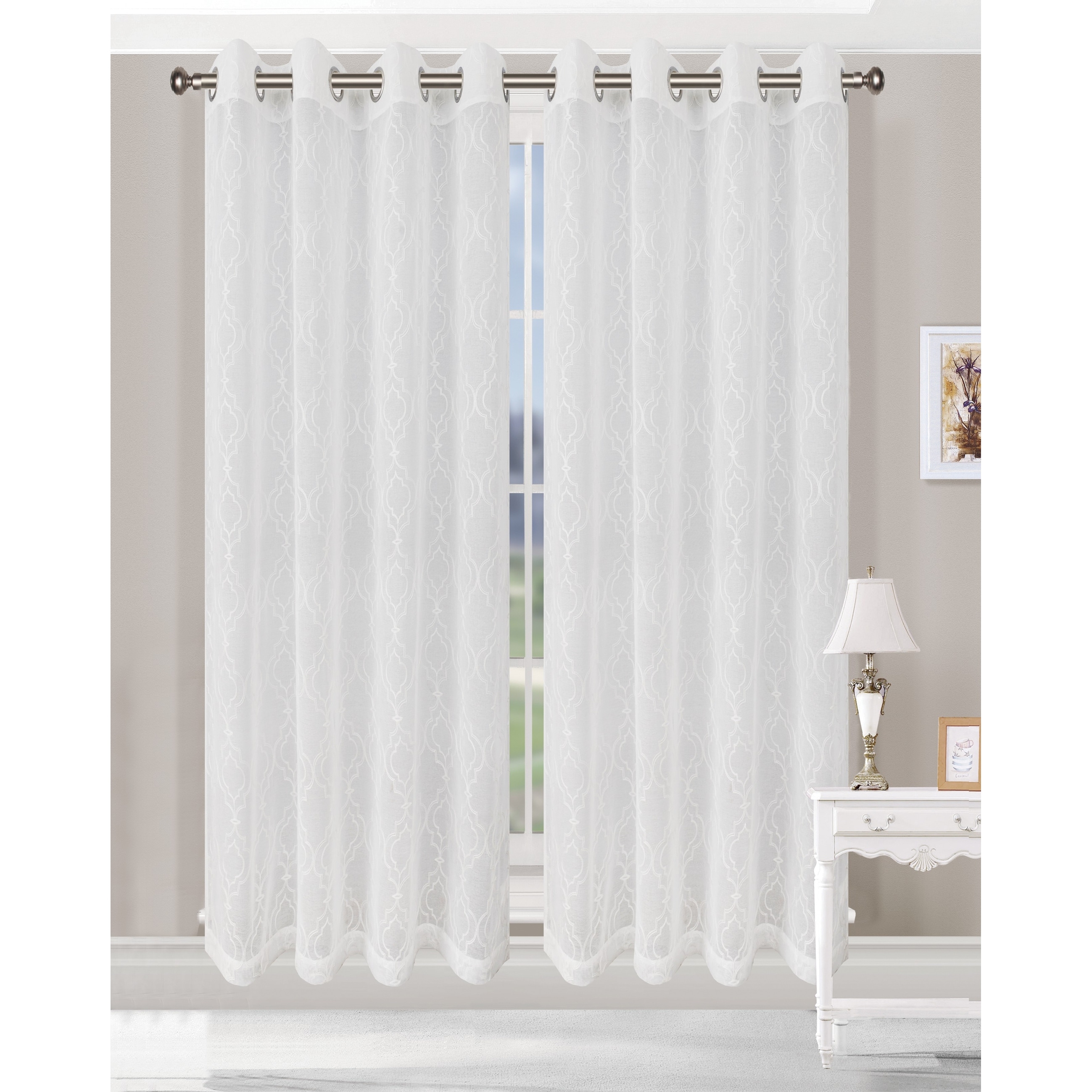 Deconovo White Semi Sheer Curtains with Gray Geometric Pattern, Grommet  Classic Sheer Curtains 52x63 inch, Voile Curtains for Bedroom, 2 Panels