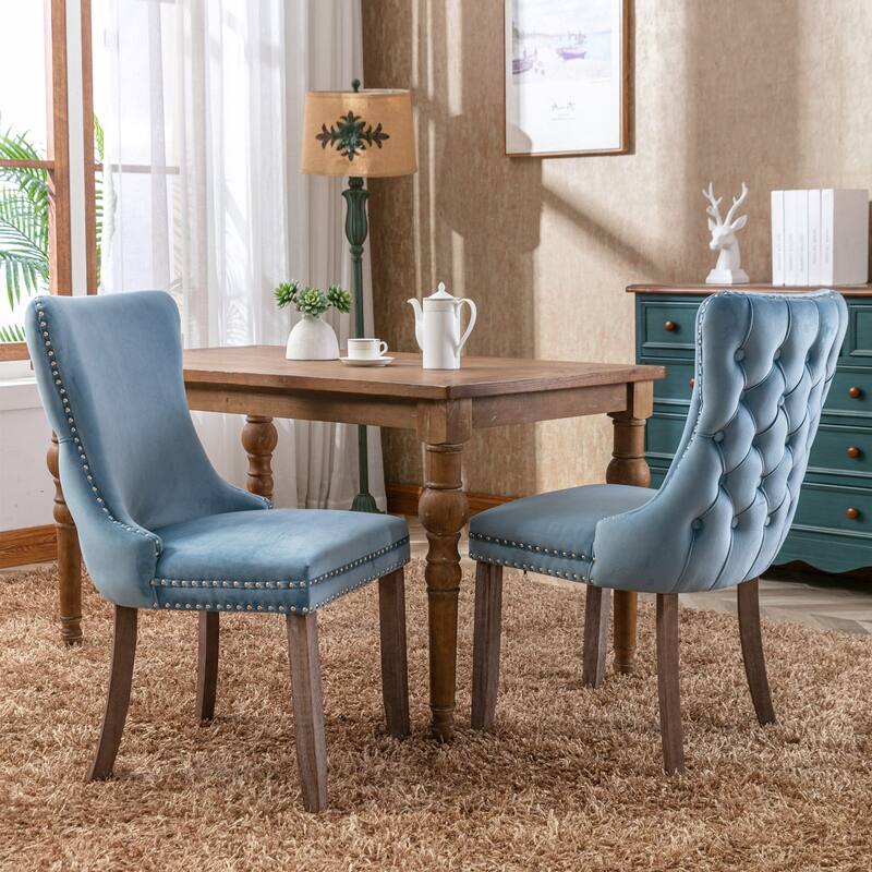 Set of 2 Upholstered Wing-Back Dining Chair with Nailhead and Solid Wood Legs - 27.4"L×20.4"W×37.4"H - Light Blue
