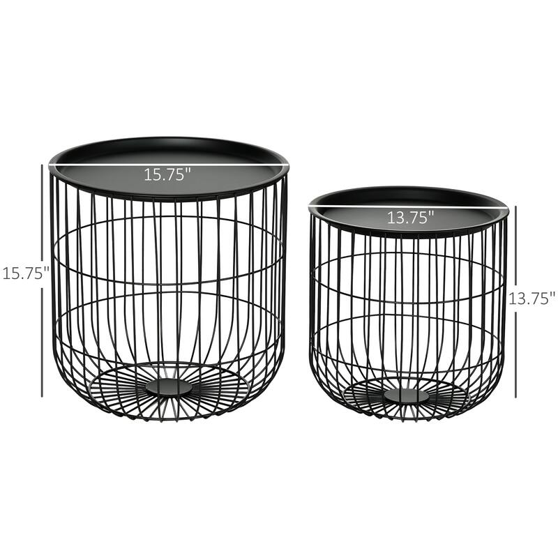 HOMCOM Nesting End Tables, Round Coffee dinnof 2 with Steel Wired Basket Body and Removable Top, Black