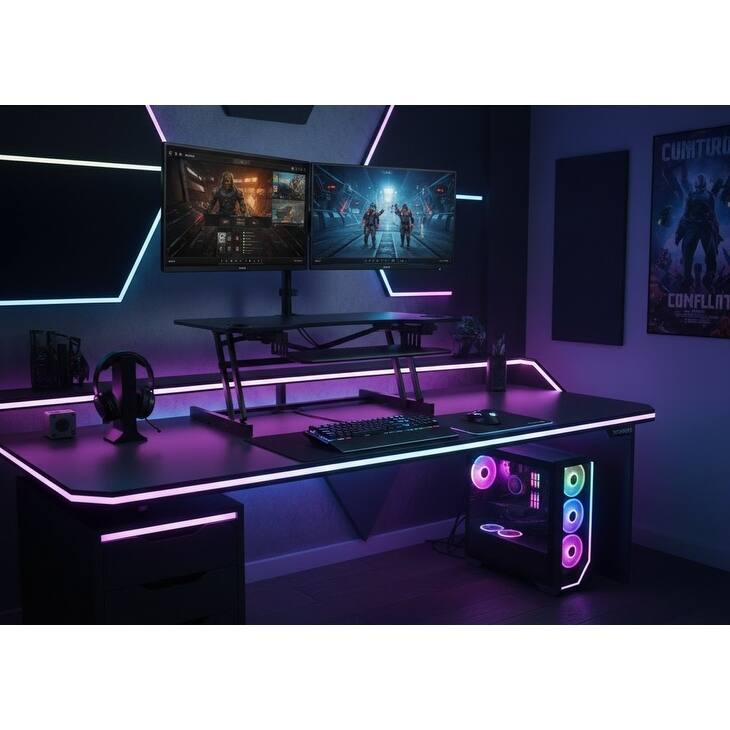 Rocelco 45 in. W Black Height Adjustable Standing Desk Converter with Triple Monitor Mount and Deep Keyboard Tray