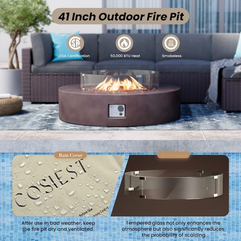 SUNBURY 42''Round Propane Fire Pit w Wind Guard and Fire Glass