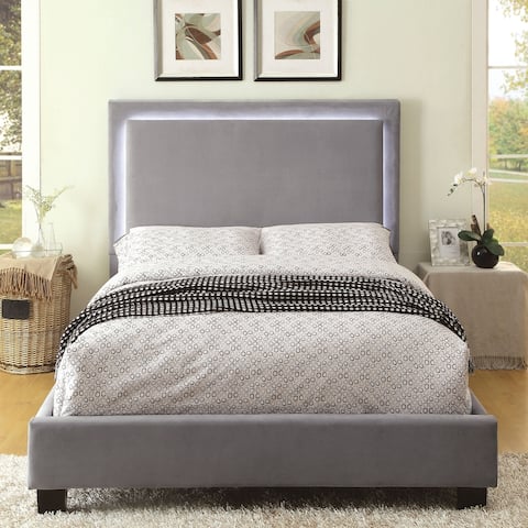 Silver Orchid Berger LED Headboard Light Grey Upholstered Platform Bed