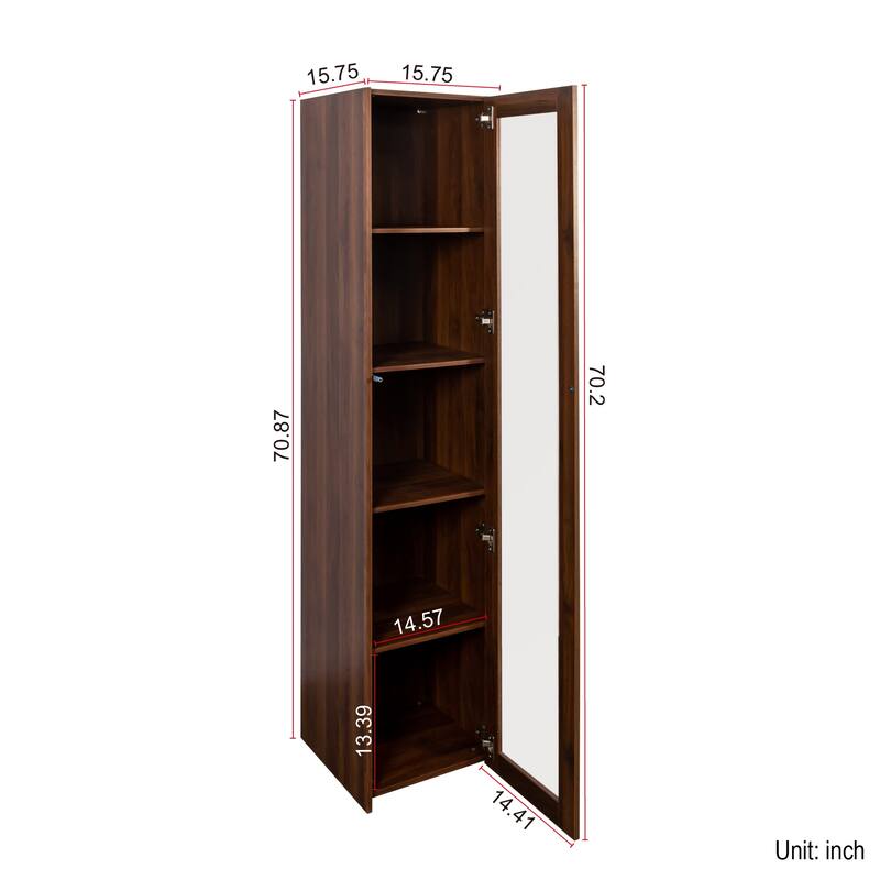 Glass Doors Display Cabinet, Curio Storage Cabinet with 5 Shelves, Floor Wood Bookcase with LED Lights for Living Room Office