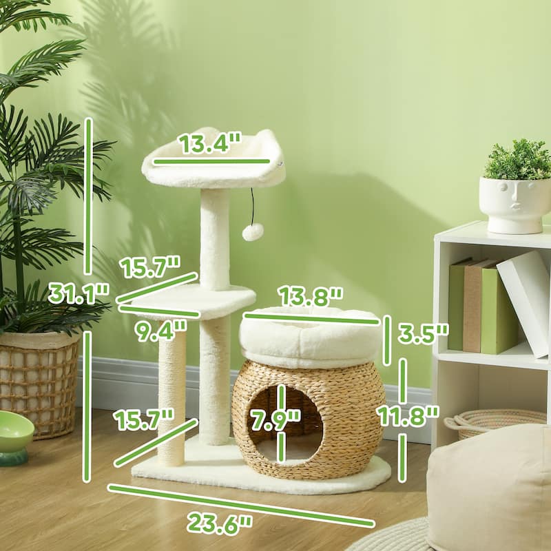 PawHut 31" Cat Tree, Cat Tower for Indoor Cats with Sisal Scratching Posts, Cat Condo, Cat Beds, Cream White