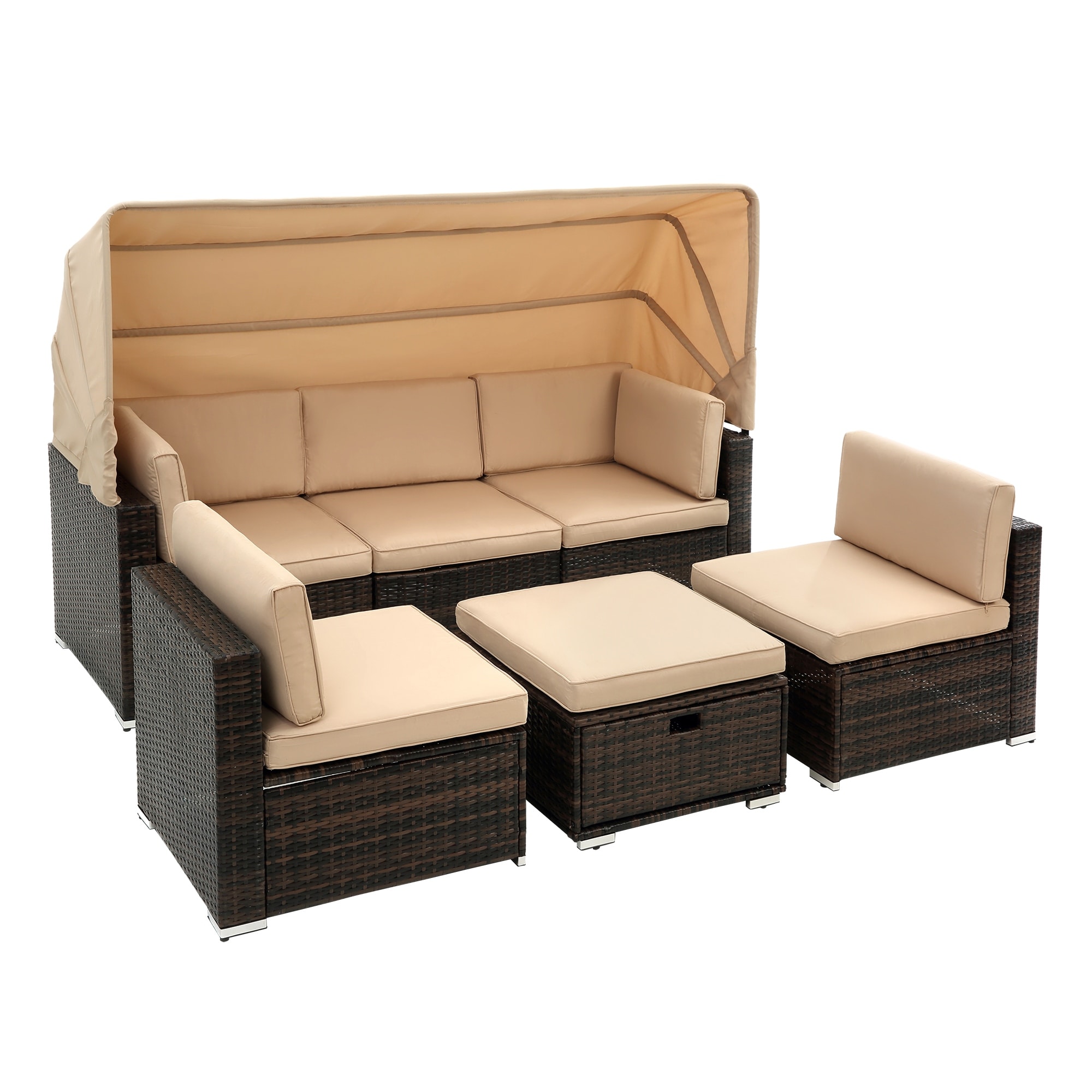 7Pcs Outdoor Daybed with Retractable Canopy Patio Furniture Set, Wicker  Sectional Sofa Set with Lift Top Table and 2 Pillows