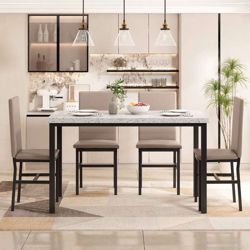 Grondin Mid-Century Modern Faux Marble Top 5-Piece Dining Table Set with 4 Faux Leather Matching Dining Chairs for Kitchen