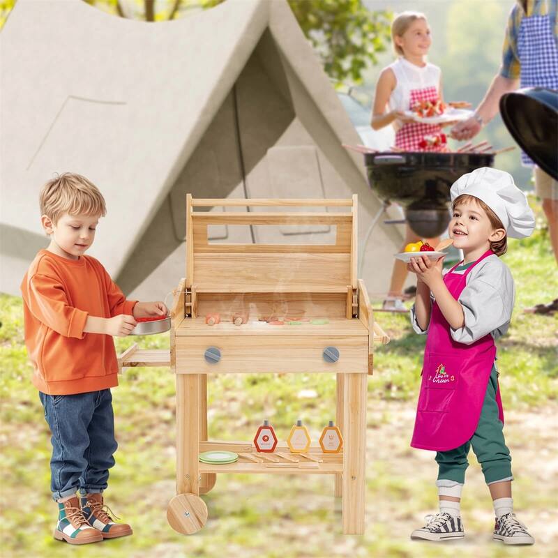 Kids Wooden BBQ Grill Playset with Accessories Side Trays and Storage Natural Pretend Outdoor Cooking Toy