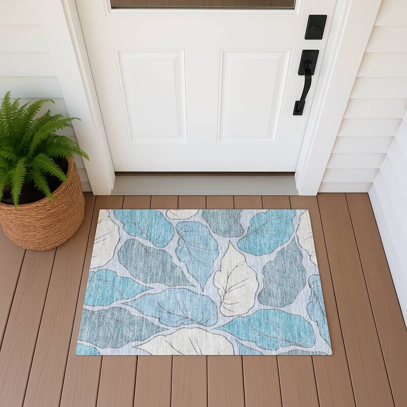 Machine Washable Indoor/ Outdoor Contemporary Floral Chantille Rug - Teal - 1'8" x 2'6"