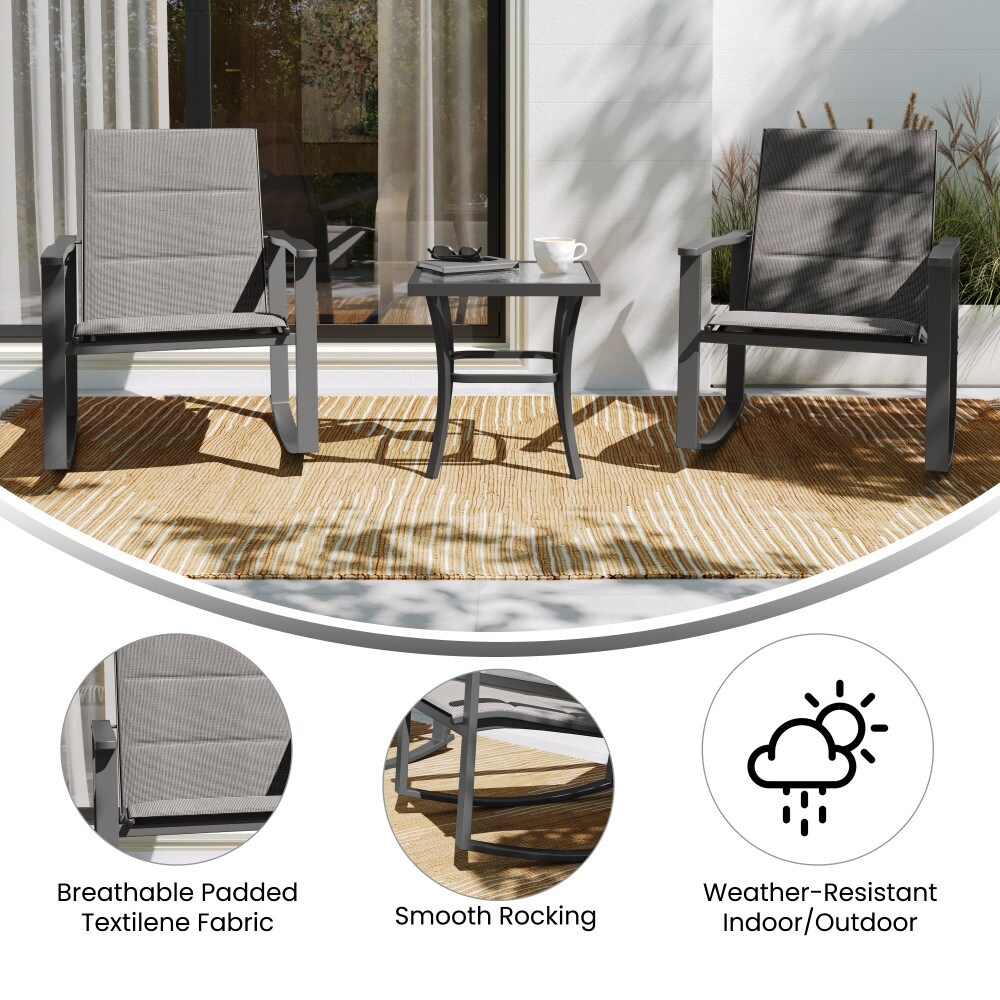 3 Piece All Weather Rocking Chairs and Glass Top Table Bistro Set
