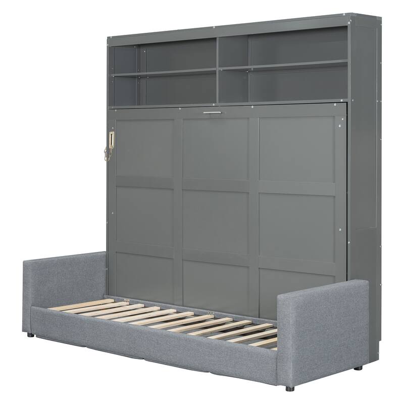 Foldable Canbinet Bedframe Storage Murphy Bed Queen Size Wall Bed with Integrated Linen Upholstered Sofa and Open Shelves
