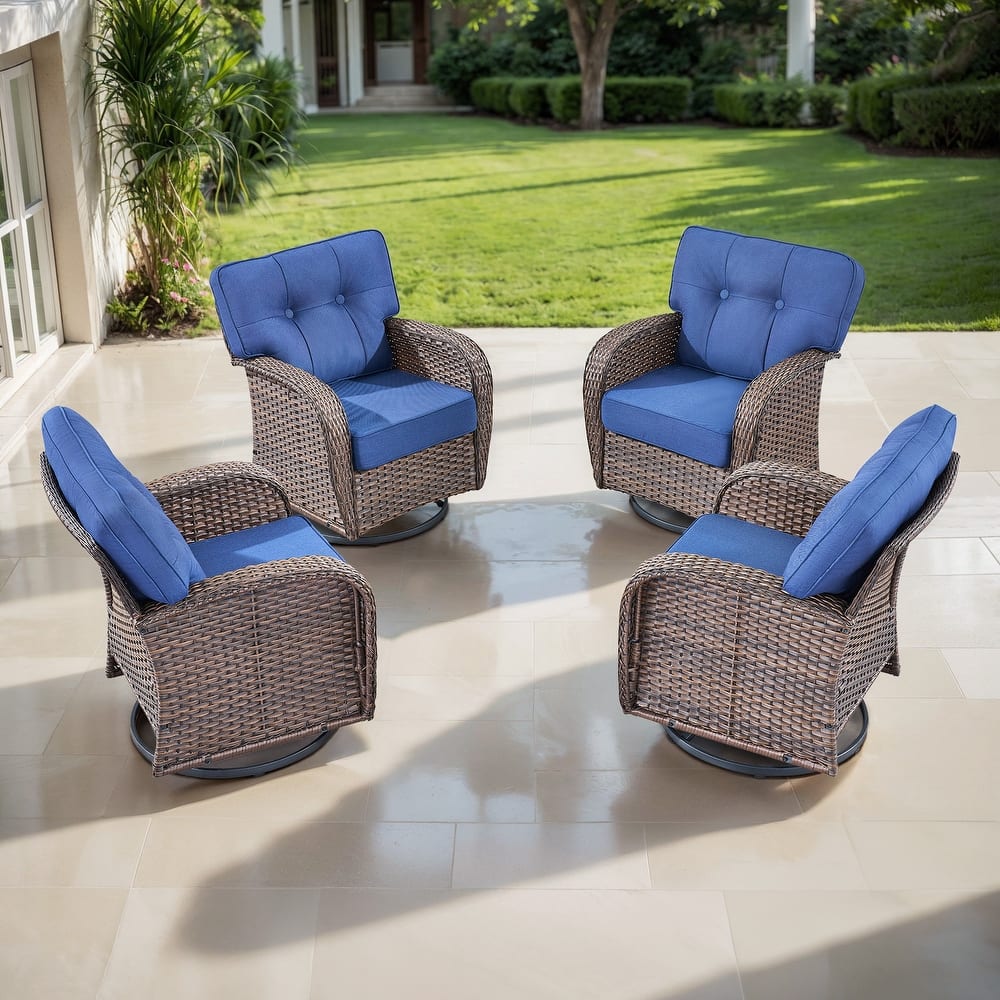 TWrap Brown Wicker Patio Swivel Glider Chairs with 5-Inch Thick Cushions (4-Pack)