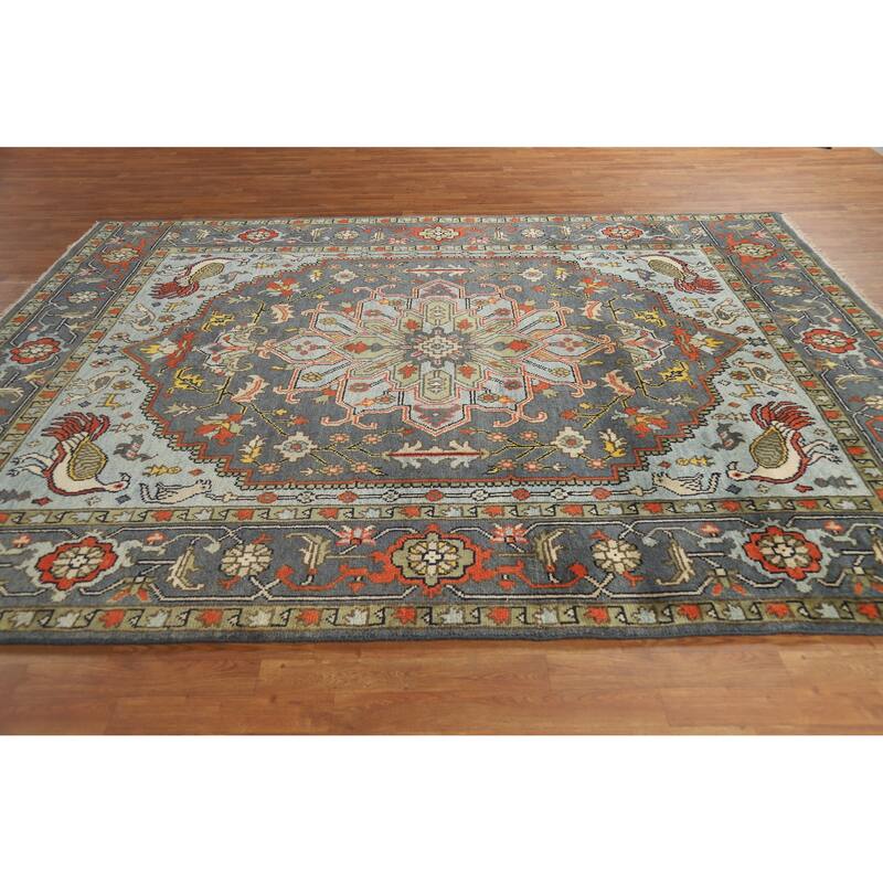 Slate Medallion Heriz Serapi Indian Area Rug Hand-Knotted Wool Carpet - 8'0" x 9'9"