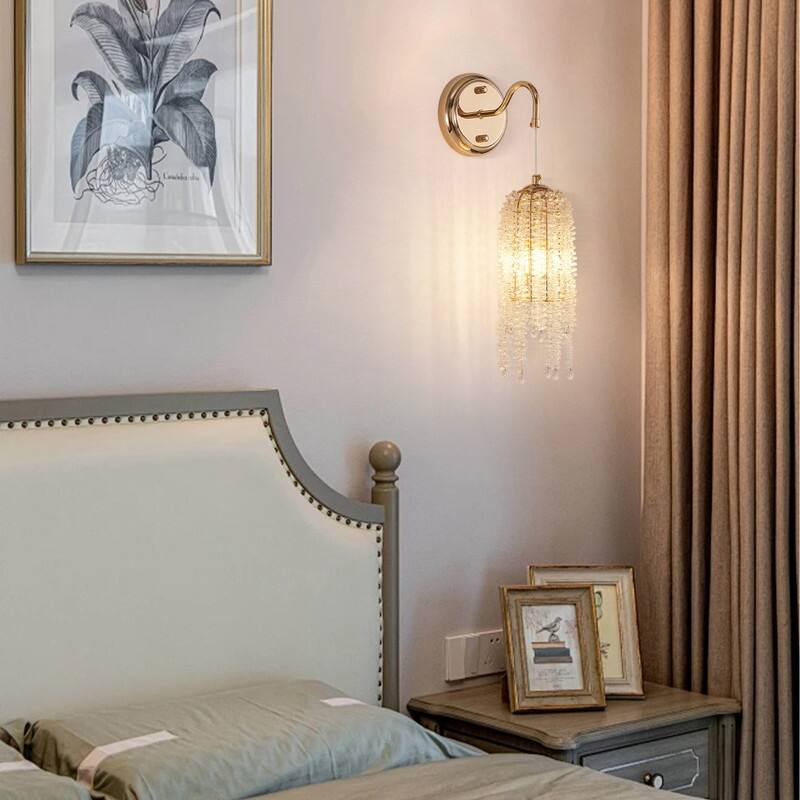 Set of 2 Gold Wall Sconces with Crystal Bead Strings Elegant Hanging Light Fixtures, E12 Socket (Bulbs Not Included)