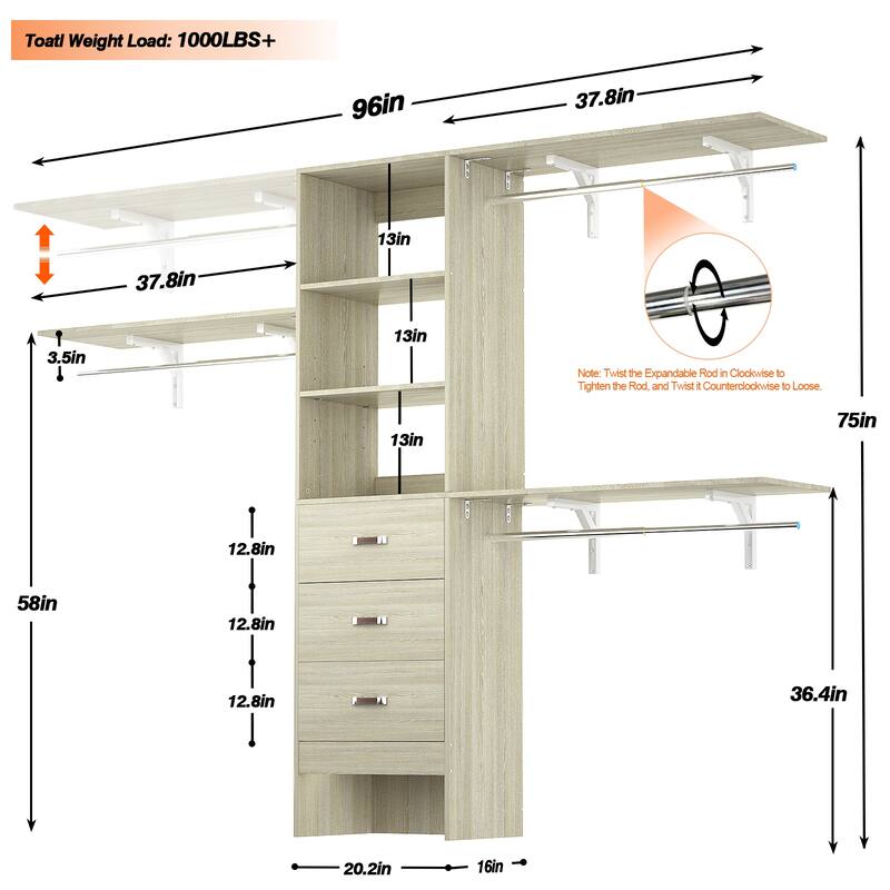 96'' W Adjustable Closet Organizer with Drawers for Walk-in/ Reach-in Closet - 20.2'' to 96'' W