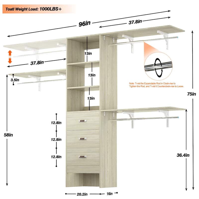Rackcog 120'' Adjustable Closet Organizer with Drawers, Closet System with DIY Shelves for Reach-in and Walk-in Closet