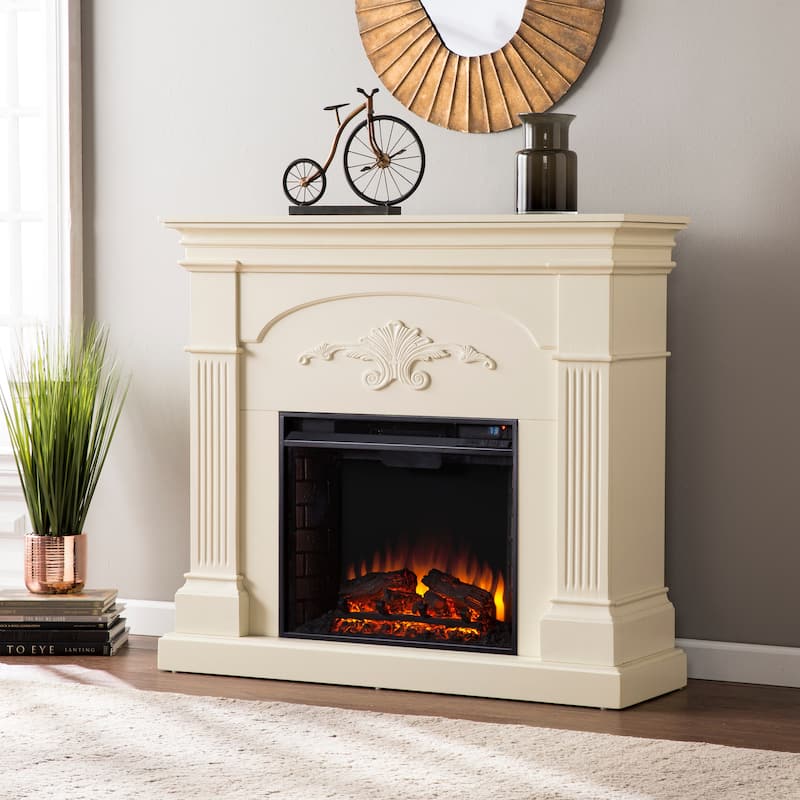 SEI Furniture Mazus Transitional Electric Fireplace with Ivory Mantel - Brick Accent Firebox