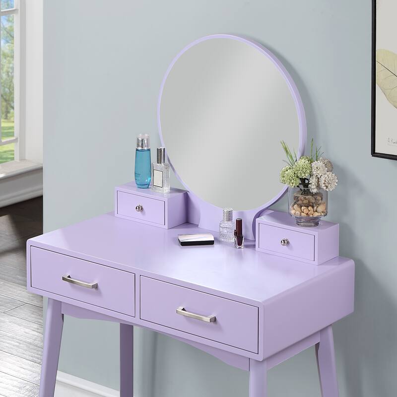 Liannon Contemporary Wood Vanity and Stool Set,Round Mirror