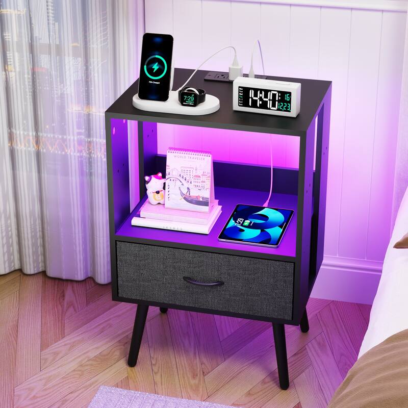 2-Pack Modern Nightstand Set with Charging Station & LED Light - Fabric Drawers
