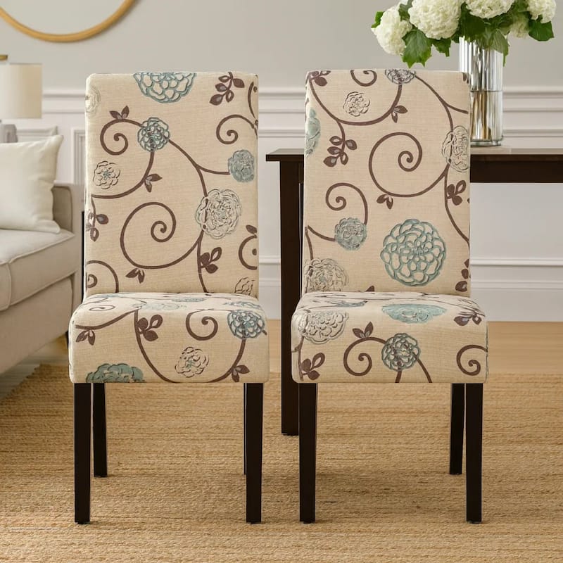Dining Chair Set of 2, Beige Fabric, Soft Cushions, Black Rubberwood