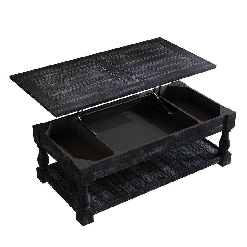 Roomfitters Farmhouse Lift Top Coffee Table, Wood Center Table with 3 Storage Trays and Lower Shelf, Antique Black