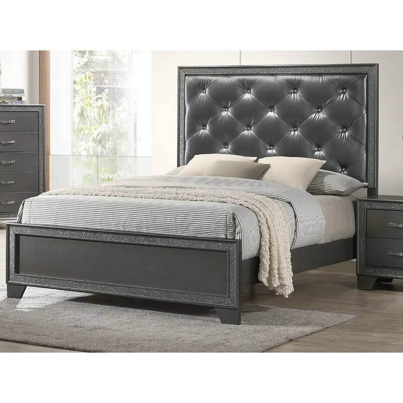 Queen Size Panel Bed with Dark Gray Shimmering Finish and Tufted Upholstery
