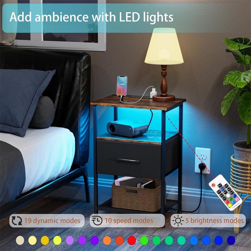 Nightstands Set of 2 with Charging Station and Drawer