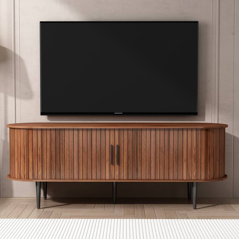Modern TV Stand with Sliding Door, Wood Media Console Table with Fluted Design, Entertainment Center with Storage Cabinet