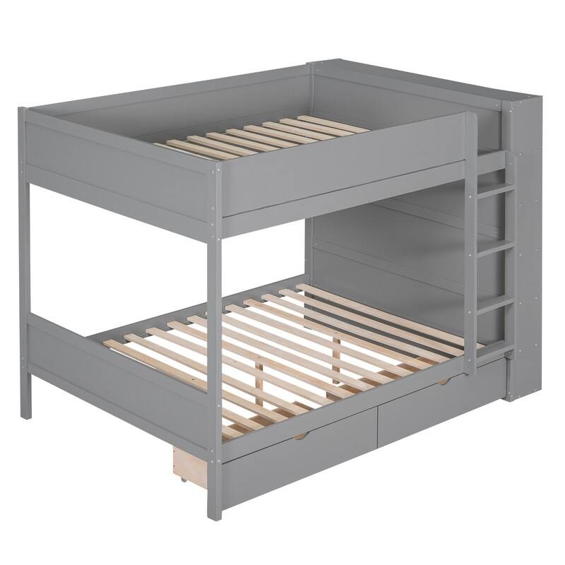 Full over Full Bunk Bed With 2 Drawers and Multi-layer Cabinet, White