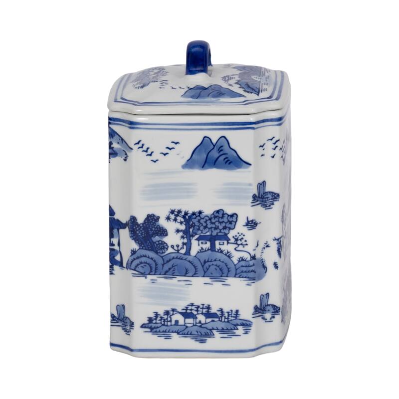 Rectangular Chinoiserie Ceramic Table Jar with Lid