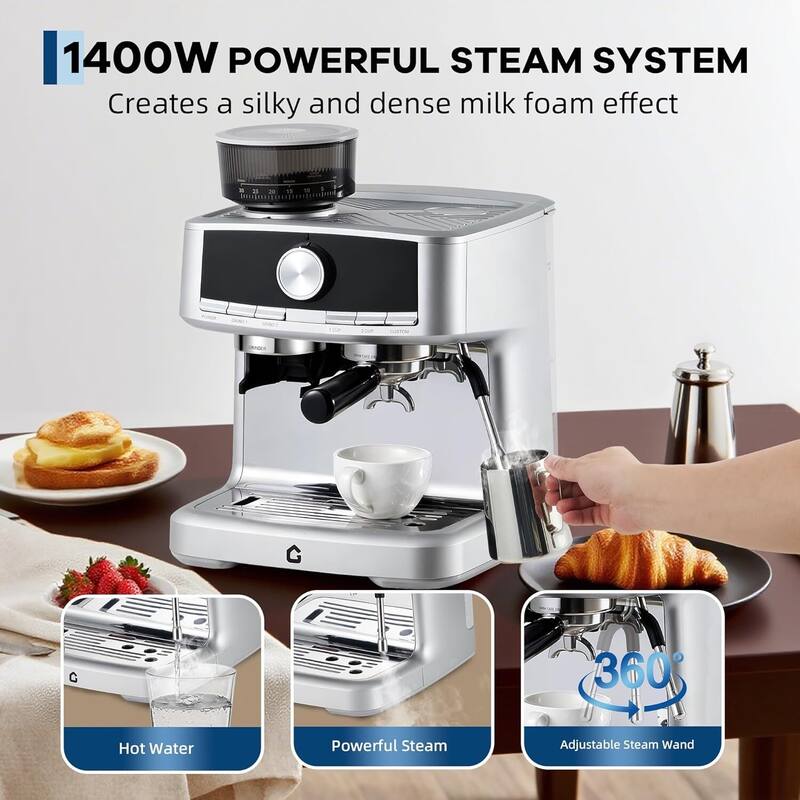 20 Bar Pressure Stainless Steel Semi-Automatic Espresso Coffee Machine with Grinder, Silver
