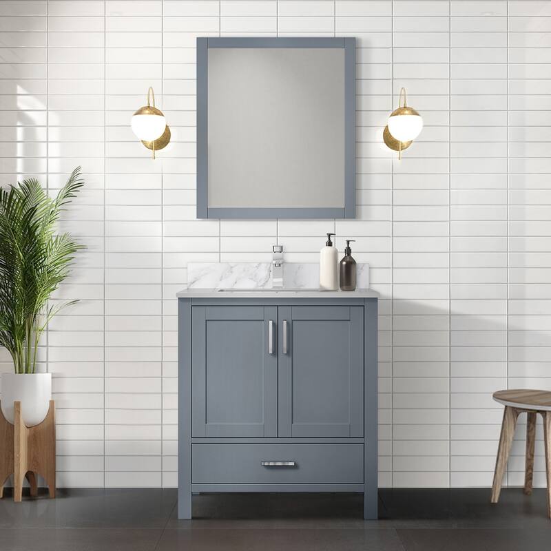 Jacques 30 in White Bath Vanity, Carrara Marble Top, Faucet, & Mirror