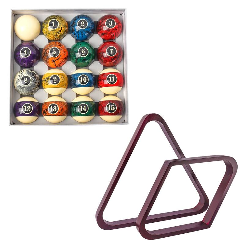 GSE™ 2-1/4"" Regulation Size Billiard/Pool Balls and 8-Ball Triangle & 9-Ball Diamond Rack Set - Billiard Accessory Kit - + Mahogany Racks - Dark Marble Balls