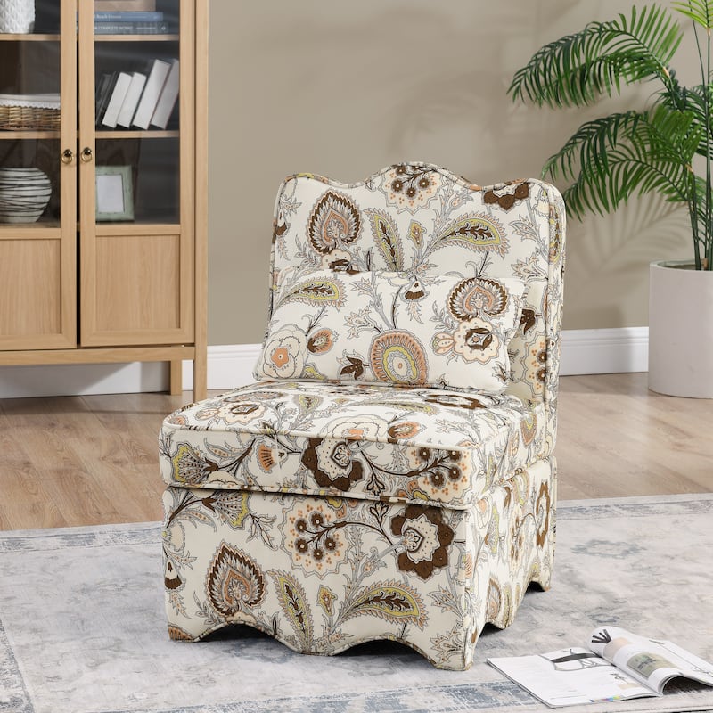 Roomfitters Floral Flannel Accent Chair with Pillow, Armless Upholstered Lounge Chair with Soft Cushion for Living Room - Brown