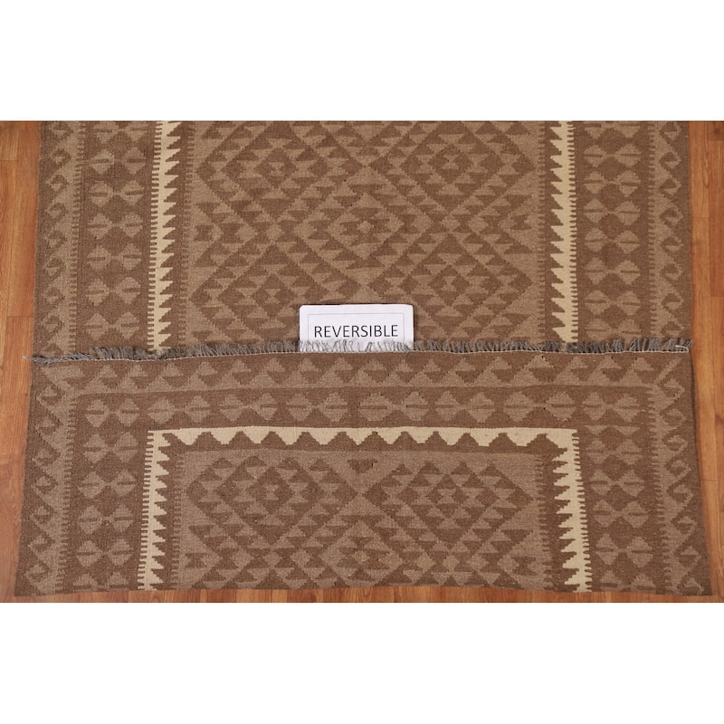 Geometric Kilim Oriental Area Rug Flat-weave Brown Wool Carpet - 5'2" x 6'8"