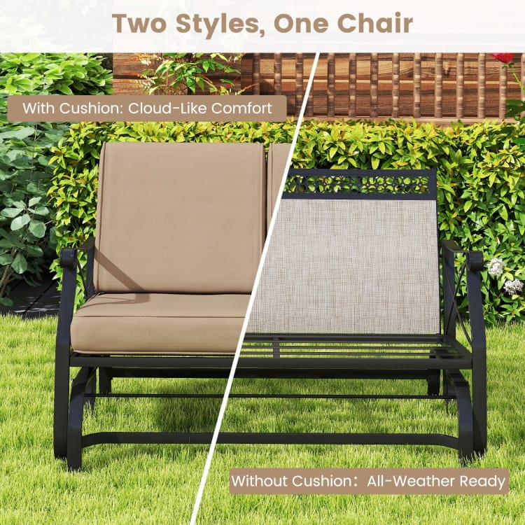 Brown Cushion Black Metal Outdoor Glider Bench 2-Seater Patio Swing - 29" x 47" x 32"
