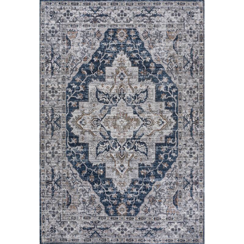 JONATHAN Y Alacati Boho Gray Medallion Machine Washable Area Rug - 5 X 8 - Navy/Light Gray