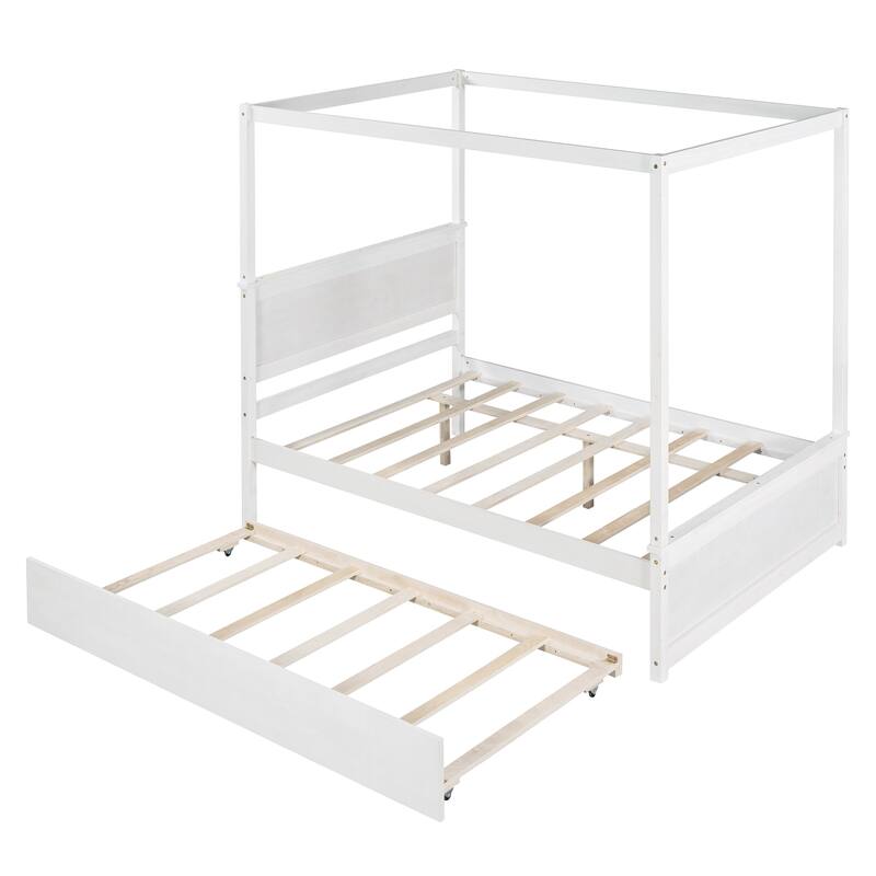 Full Size Wood Canopy Platform Bed with Trundle, Brushed White Finish, No Box Spring Needed