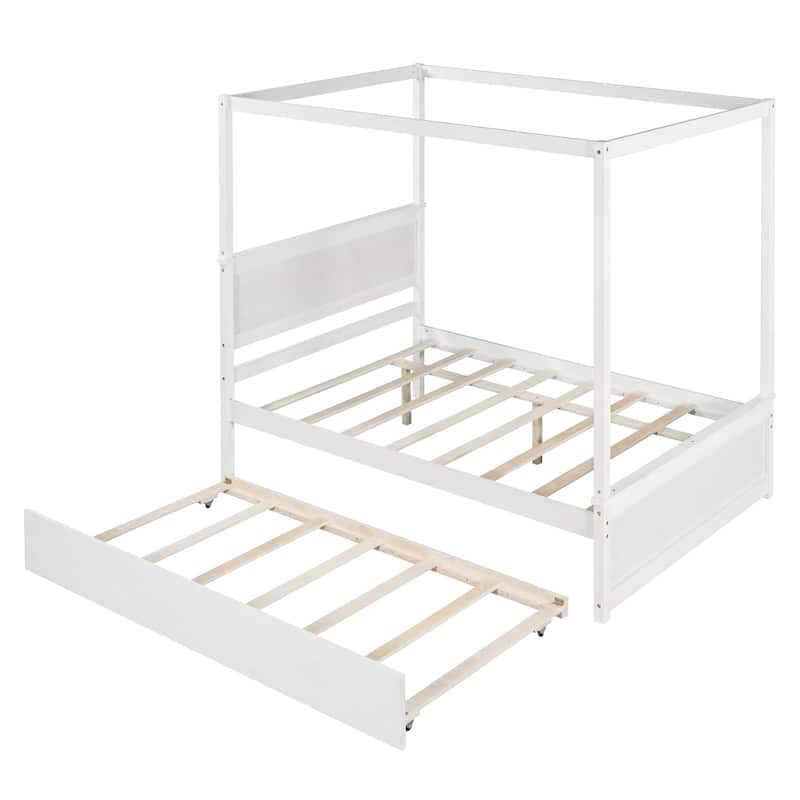 Wood Canopy Bed with Trundle Bed With Support Slats
