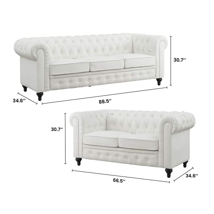Everett Chesterfield Love Seat & Sofa - Rolled Arms, Tufted Cushions, 2- and 3-Seater Sectional Couch for Small Spaces