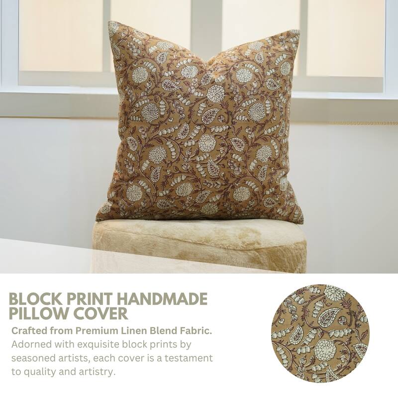 Fabdivine Brown Soft Linen Floral Block Print Pillow Cover for Fall Home Décor Sofa Couch or Farmhouse 18x18 Inch, Shilong