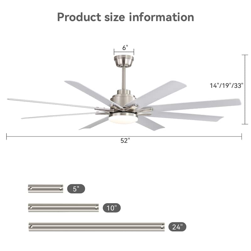 52" Ceiling Fan with Light - 6 Speeds, 8 ABS Blades, Voice Remote