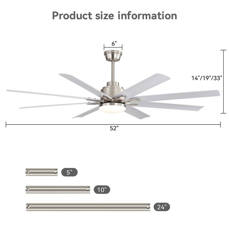52" Reversible DC Motor Ceiling Fan with Remote/APP Control Dimmable 3-color Temperature, 8 ABS Blades Ceiling Fan Chandelier