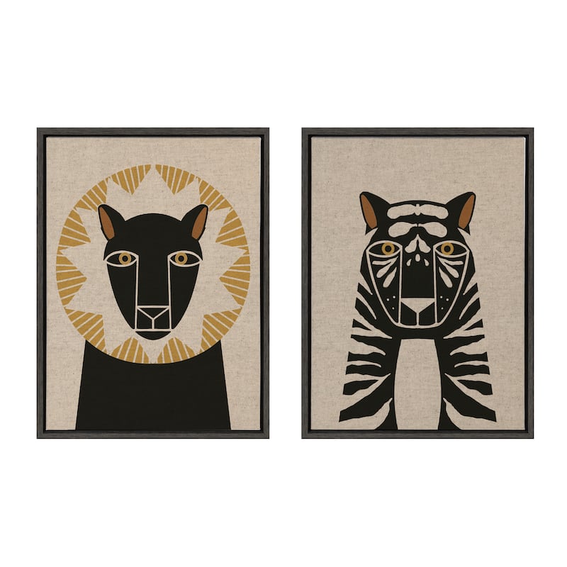 Kate and Laurel Sylvie Lion Tiger Canvas Art by Hannah Beisang - 2 Piece Set 18x24 - Grey