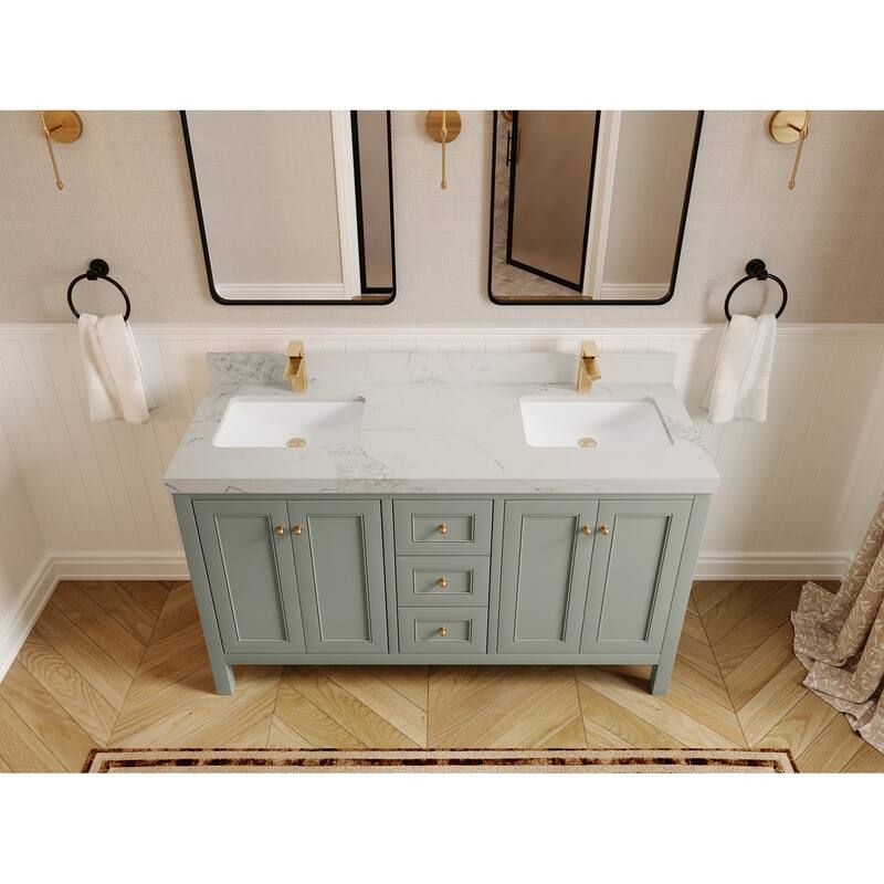 Willow Collections 60 in. W x 22 in. D Nashville Double Bowl Sink Bathroom Vanity with Countertop - 2"Calacatta Nuvo - Evergreen