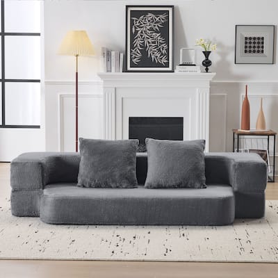 Transformable Sectional Sofa with 3 Ottomans - Fold-Out Bed, Light Grey Chenille Lounger in Faux Fur