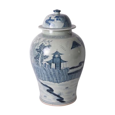 Blue And White Porcelain Temple Jar Pagoda Landscape Motif - 13x13x21